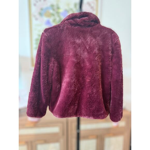 J.O.A. Just One Answer Faux Fur Full Zip Bomber Jacket Wine Womens Size Small - Picture 3 of 12